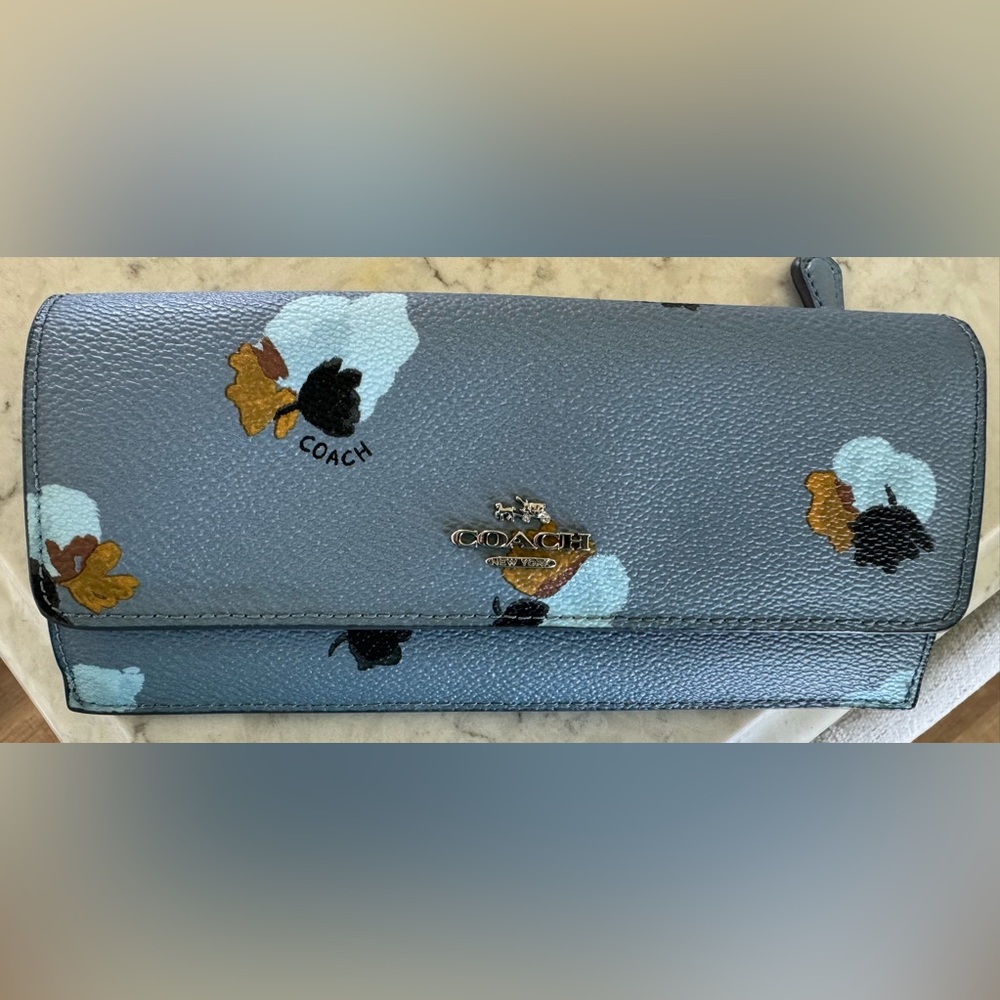 Coach Slim Light Blue Floral Wallet with Snap Closure